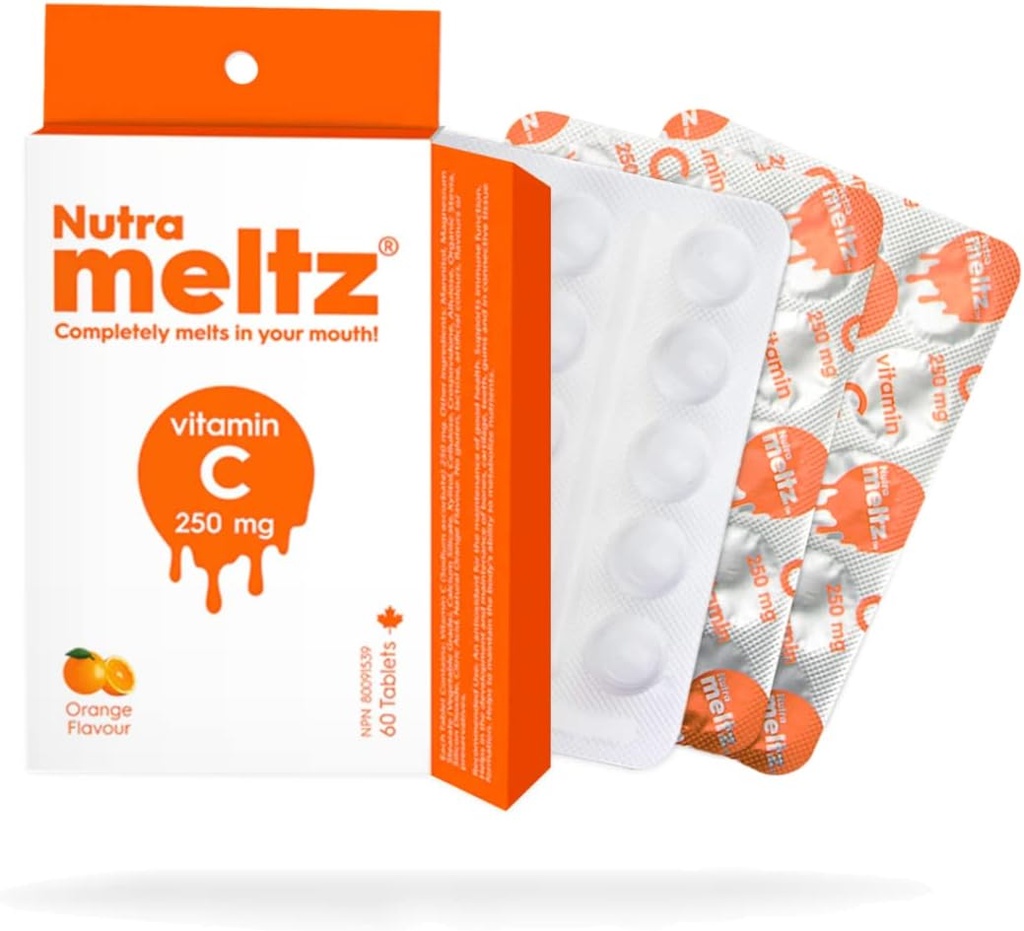 Nutra Meltz 250mg Vitamin C Tablets - Boosts Immune System, Supports Bone Health, Quick Dissolve Orange Flavor - 60 Tablets