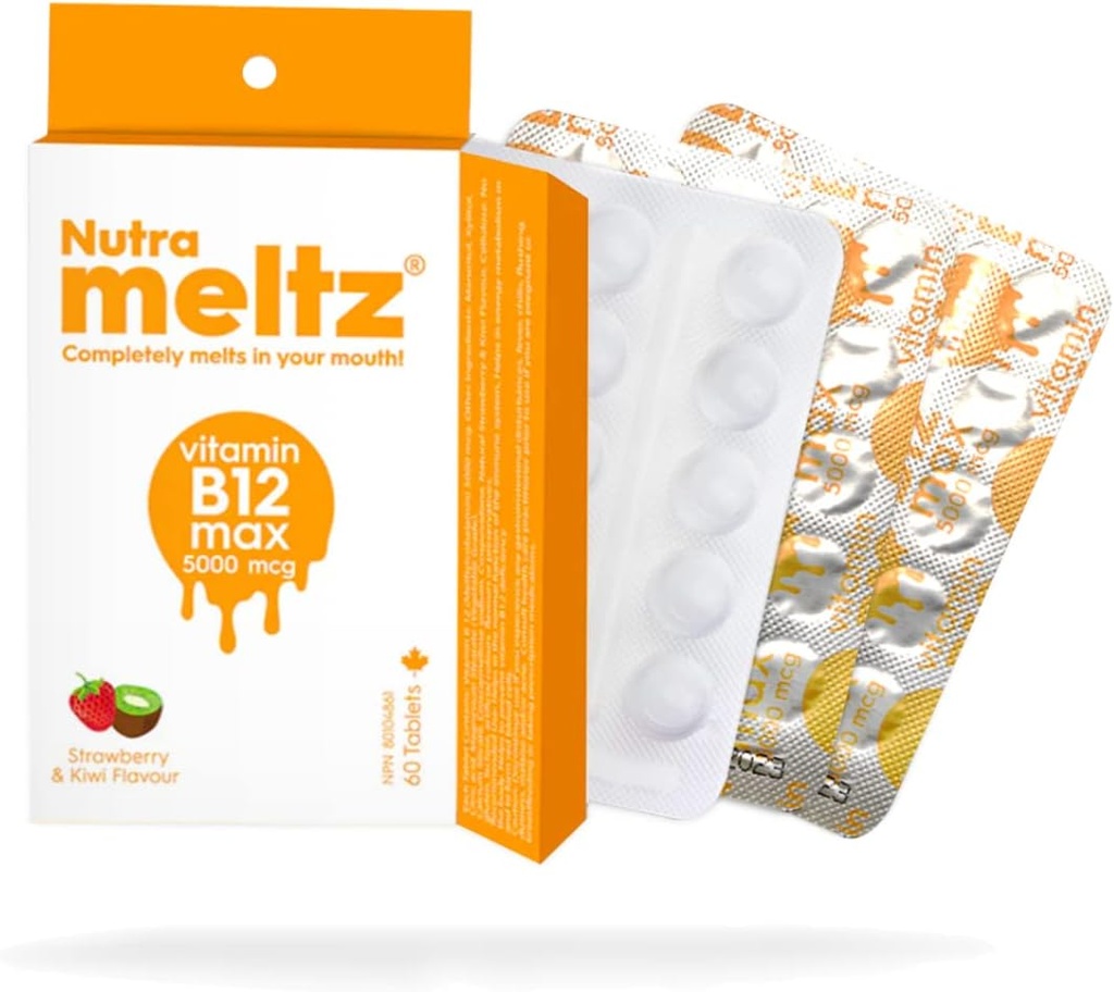 Nutra Meltz Vitamin B12 5000 mcg Tablets - Methylcobalamin for Energy & Cognition - Quick Dissolving Strawberry & Kiwi Flavor - 60 Tablets