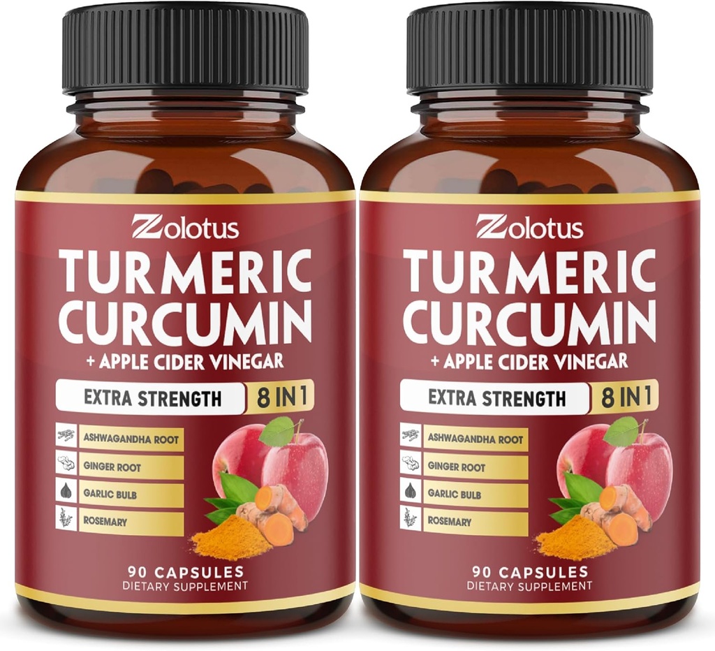 Turmeric Curcumin & Apple Cider Vinegar Capsules - 2 Packs, 90 Capsules Each, 6-Month Supply with Ashwagandha & Ginger - Joint Support & Absorption Boost - 95% Standardized Curcuminoids