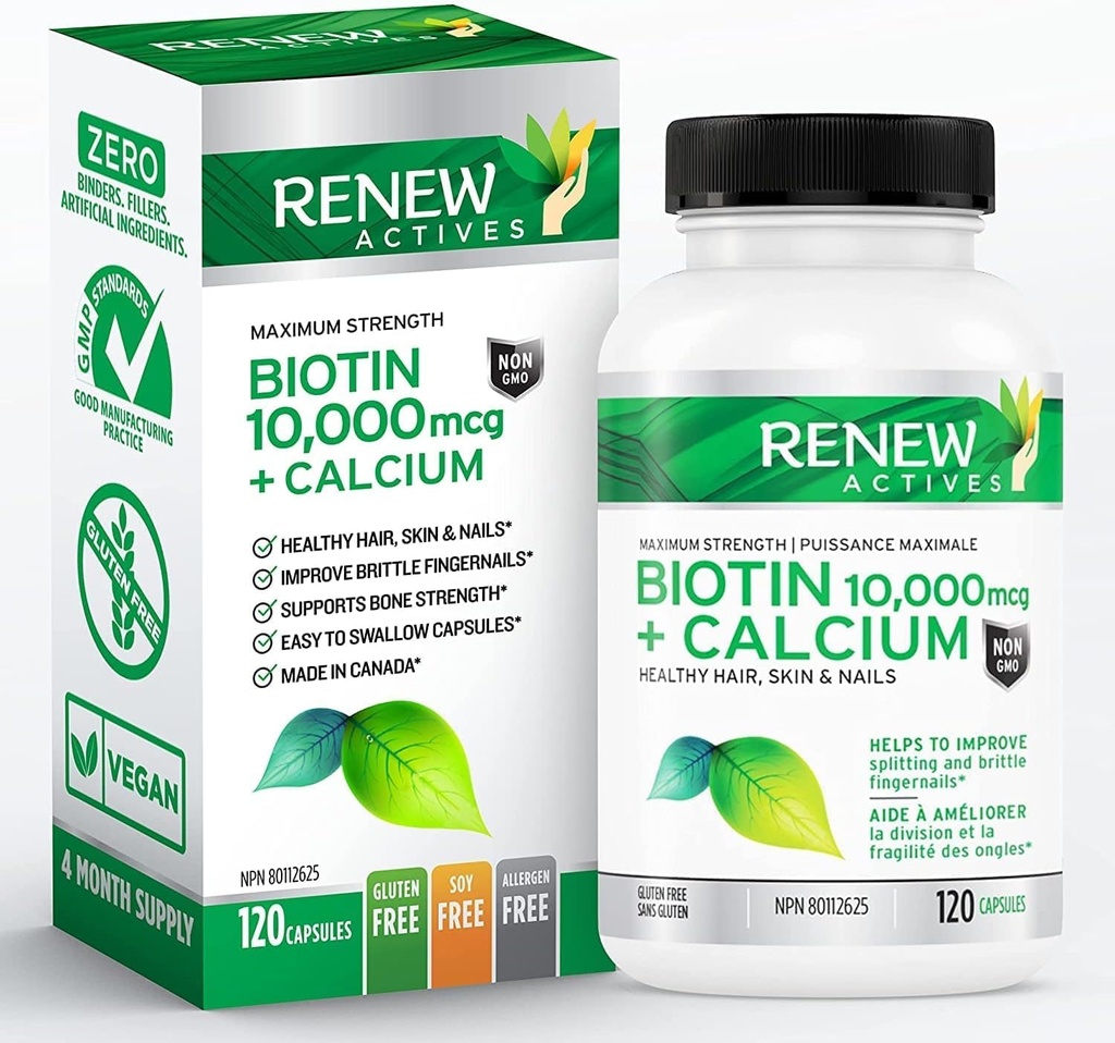 Renew Actives Biotin & Calcium 10000mcg Capsules for Hair, Skin, Nails - Supports Bone & Teeth Health - Prevents Biotin Deficiency - 120 Count