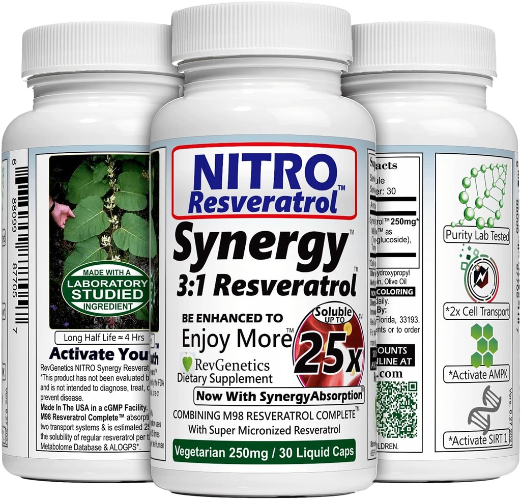REVGENETICS Nitro Synergy Resveratrol (Nitro250) with Up to 25x Solubility - 60 Vegetarian Capsules - 30 Servings - 500 mg per serving
