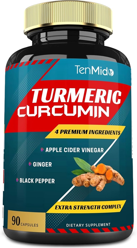Tenmido Turmeric Curcumin Extract Capsules, 3 Months Supply, 95% Curcuminoids with Apple Cider, Ginger, Pepper - Improves Digestive, Immune Health