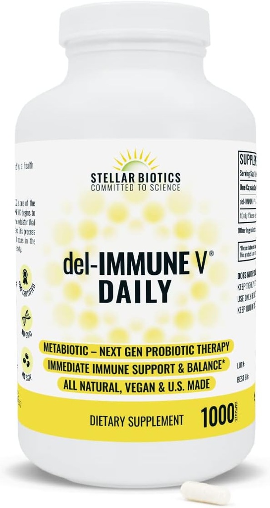 Del-Immune V® Daily by Stellar Biotics, All-Natural Immune Support & Gut Health, Immediate Care, Metabiotic: NextGen Probiotic Therapy (1000 Caps)