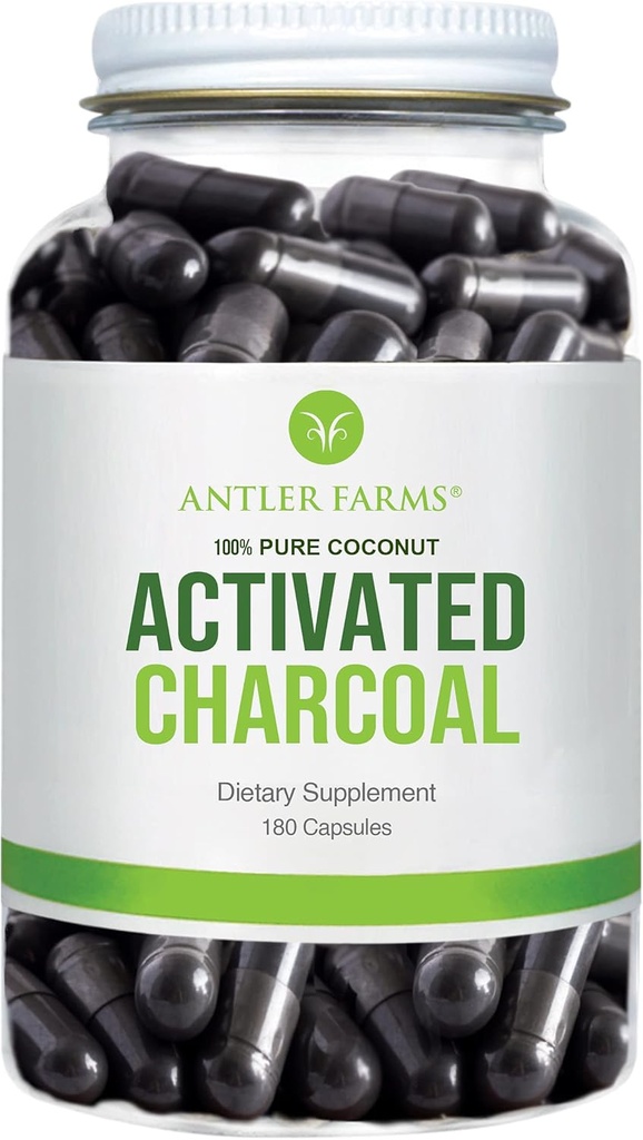 180 Capsules of Antler Farms 100% Pure Coconut Activated Charcoal - Wild Harvested, Virgin Coconut Shell - USP Food Grade, Steam Activated - Ultra Fine 260mg