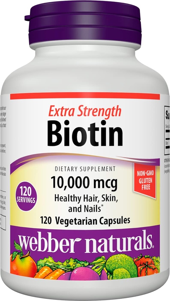 Extra Strength Vegan Biotin 10,000 mcg Capsules for Healthy Hair, Skin & Nails - 120 Count by Webber Naturals