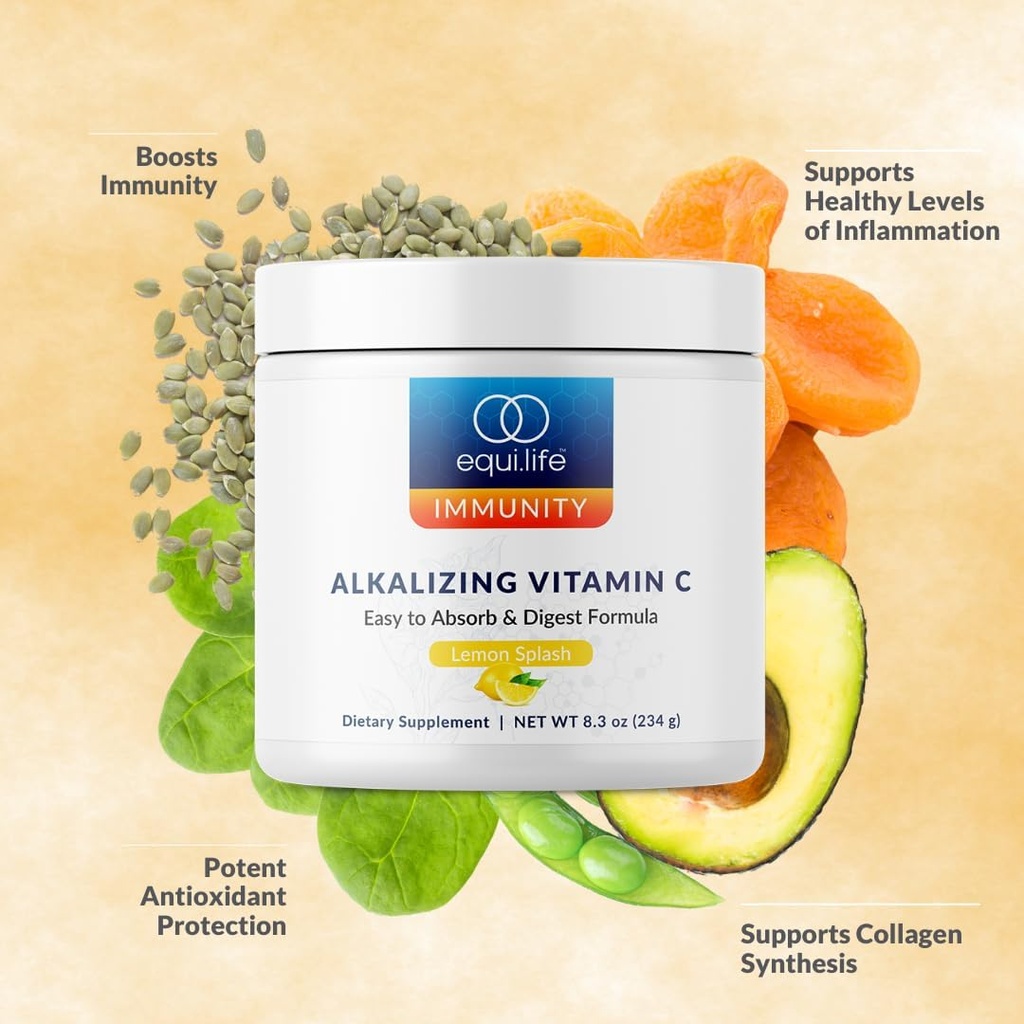 Equilife Alkalizing Vitamin C Powder - Immune Support & Energy Boost Supplement with Potassium, Magnesium, and Calcium for Skin Moisture (8.3 oz)
