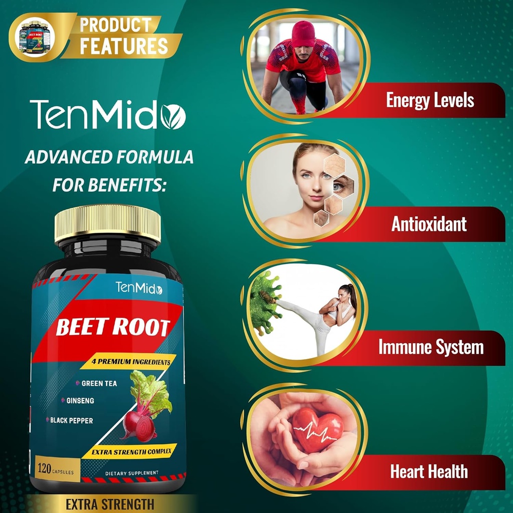 Tenmido Beet Root Extract Capsules with Green Tea, Ginseng, and Black Pepper - 4 Month Supply for Enhanced Energy and Athletic Performance