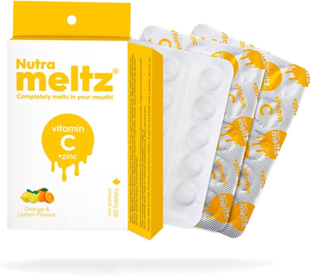 NutraMeltz Vitamin C and Zinc Tablets - Immunity Support & Hair Growth - Lemon & Orange Flavor - 60 Quick Dissolving Tablets