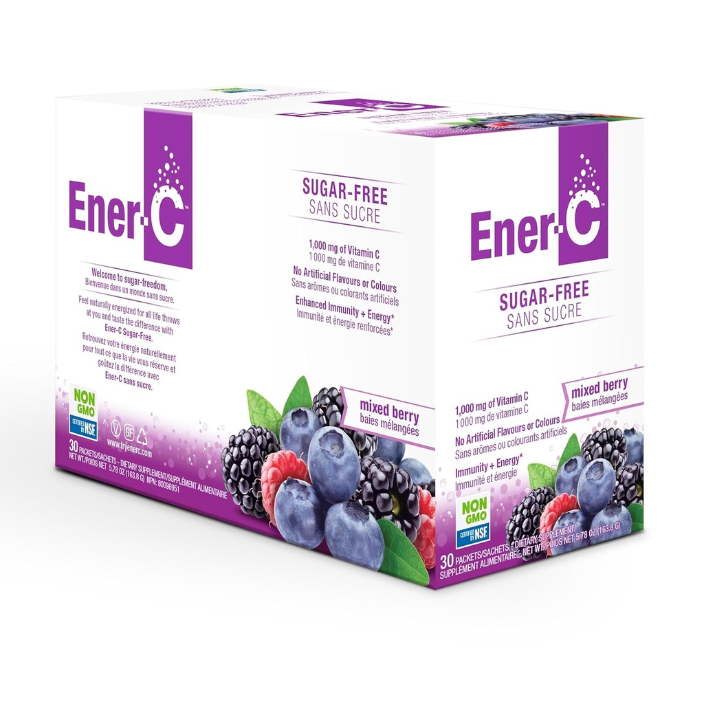 Sugar Free Mixed Berry Ener-C Drink Mix with 1000mg Vitamin C - Vegan, Non-GMO, Immunity Support - 30 Pack
