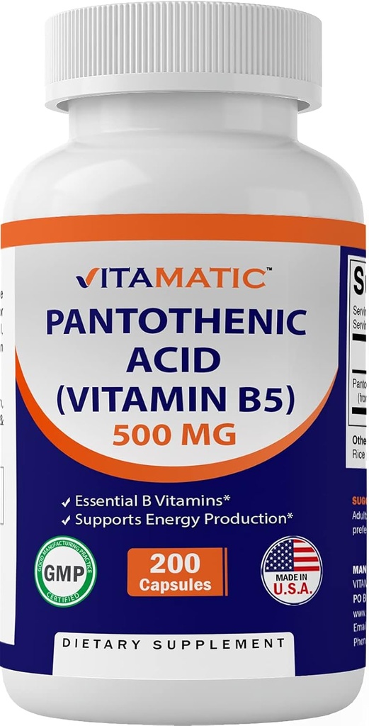 500 mg Pantothenic Acid (Vitamin B5) Capsules - Pack of 200 by Vitamatic