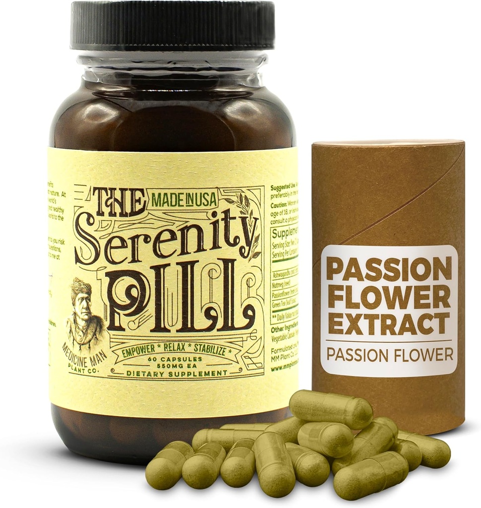 Organic Serenity Pill with Ashwagandha & Passion Flower Extract - 60 Caps Anti-Stress Supplement - Natural Mood Booster with Nutmeg & Green Tea