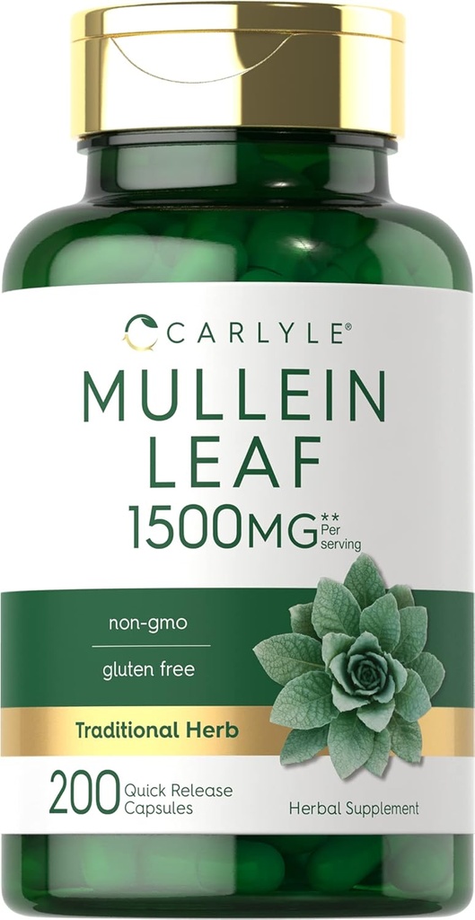 Organic Mullein Leaf Extract Capsules 1500mg - 200 Count - Verbascum Thapsus Supplement - Non-GMO & Gluten Free