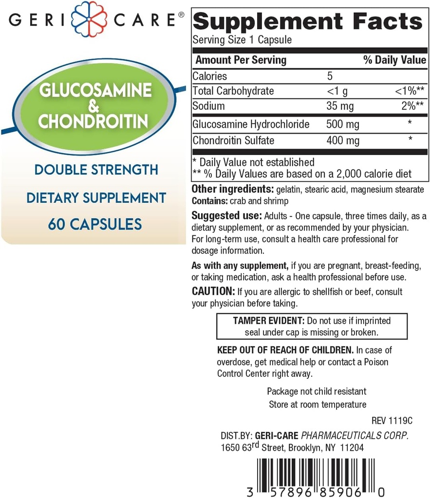60 Count Gericare Glucosamine HCl 500 mg & Chondroitin Sulfate 400 mg Capsules with Sodium - Joint Mobility & Cartilage Health Support