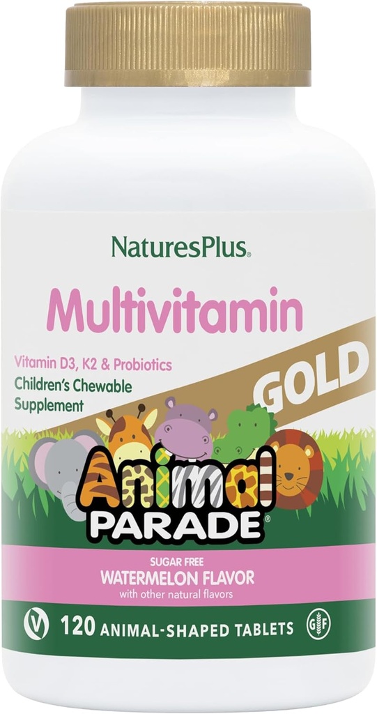 Animal Parade Gold Multivitamin Chewables for Kids - Watermelon Flavor - 240 Animal-Shaped Tablets - Vitamin D3, K2, Probiotics - Vegan, Gluten Free - 120 Servings