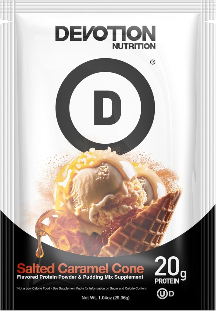 Devotion Nutrition Salted Caramel Cone Protein Powder Packets - 20g Whey & Micellar Protein, 1g MCT, Gluten-Free, Keto-Friendly, No Added Sugars - 12 Count
