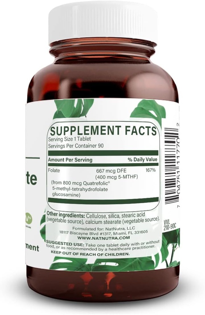 Organic Nutra Active Methyl Folate Supplement with Quatre Folic Acid, Supports Heart and Body Health, Boosts Brain Function, Enhances Mood, Reduces Fatigue, B9, 180 Vegan Tablets