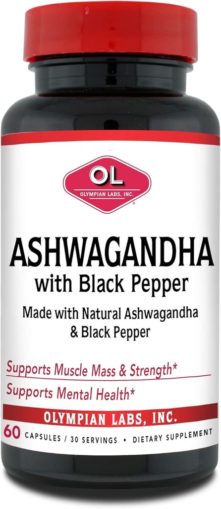 Organic Ashwagandha with Black Pepper for Brain, Muscle, and Strength - 60 Vegan Capsules (1300mg) by Olympian Labs