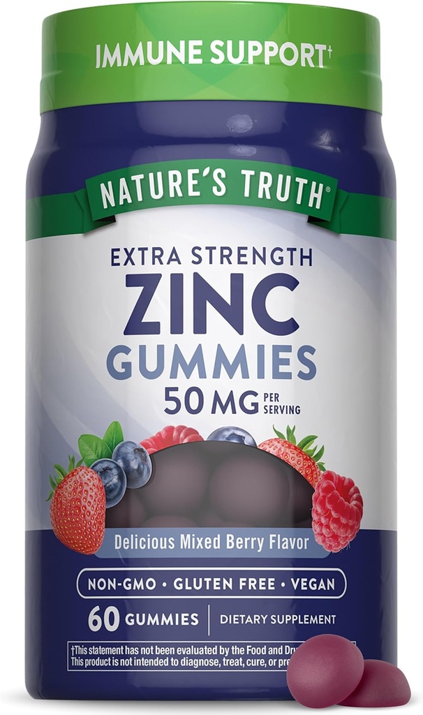 Extra Strength Nature's Truth Zinc Gummies for Adults - Vegan, Non-GMO, Gluten Free - 60 Count, 50 mg - Mixed Berry Flavor