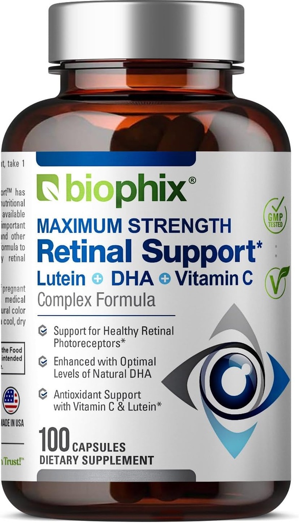100 Capsules biophix Retinal Support Complex Formula - Maximum Strength with Zinc, Vitamin C, E, Lutein, DHA, Omega-3, Astaxanthin, and Hyaluronic Acid - Promotes Healthy Eye Vision