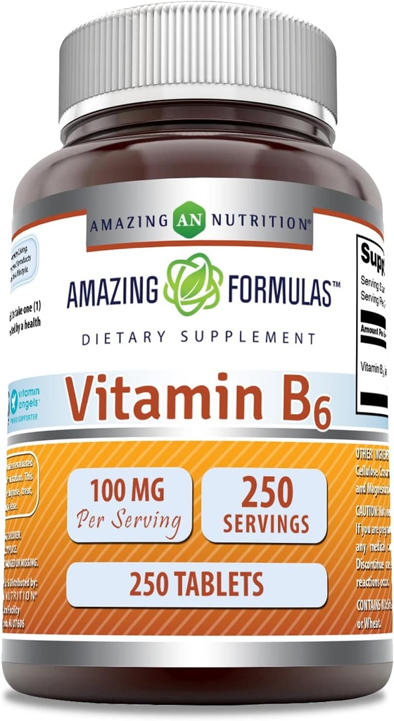 High Potency Vitamin B6 Pyridoxine 100mg 250 Tablets | Amazing Nutrition Supplement | Non-GMO & Gluten Free | USA Made