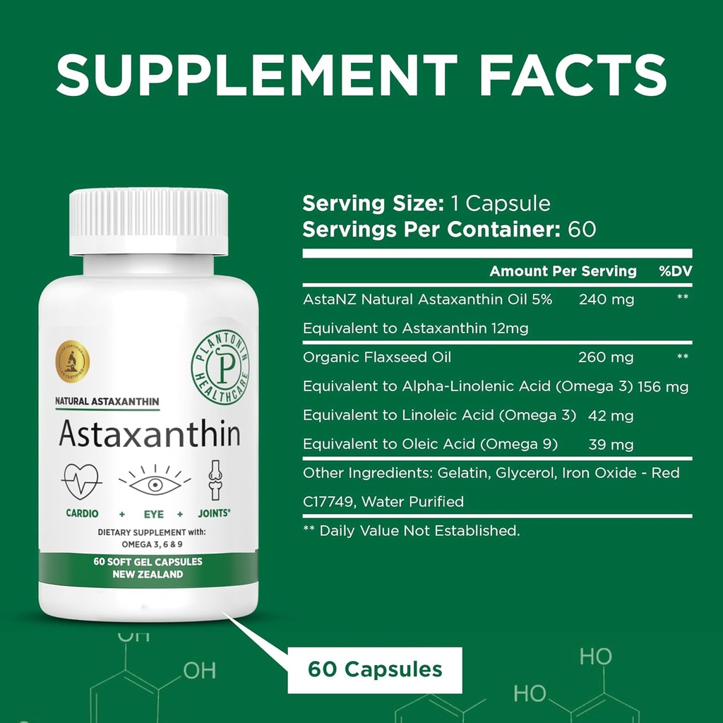 12mg Astaxanthin Soft Gels from Plantonin New Zealand - GMO & Gluten Free - Antioxidant for Joint Mobility, Recovery, Skin & Eye Health - 60 Capsules