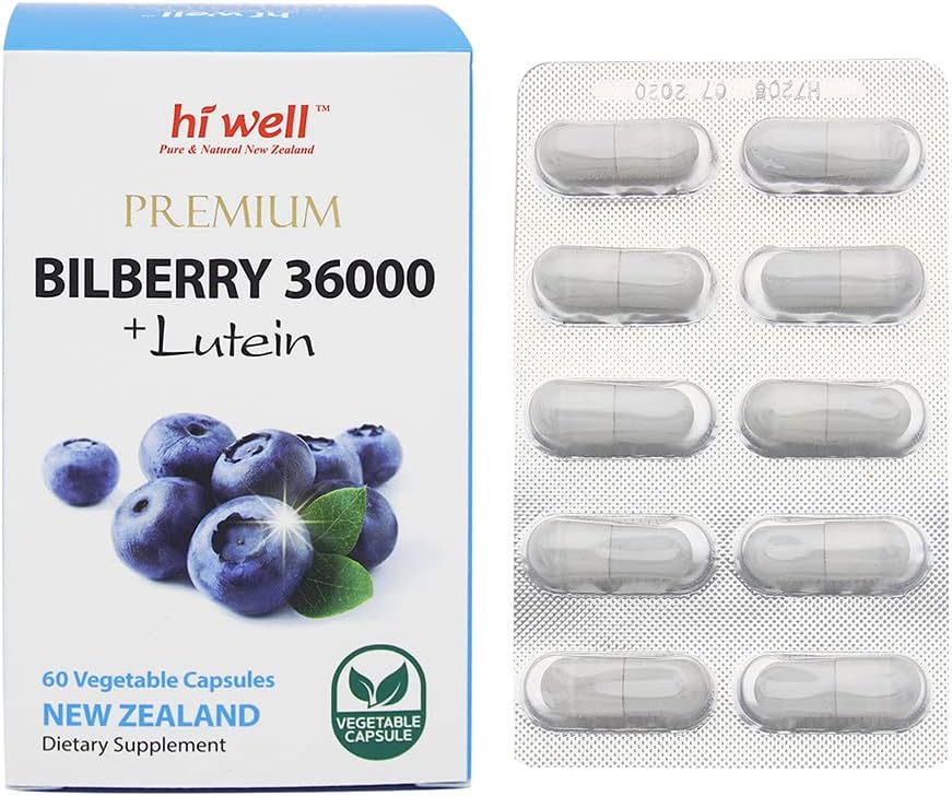 High Quality Hi Well Pure & Natural New Zealand Bilberry & Lutein Supplement - 60 Vegetarian Capsules