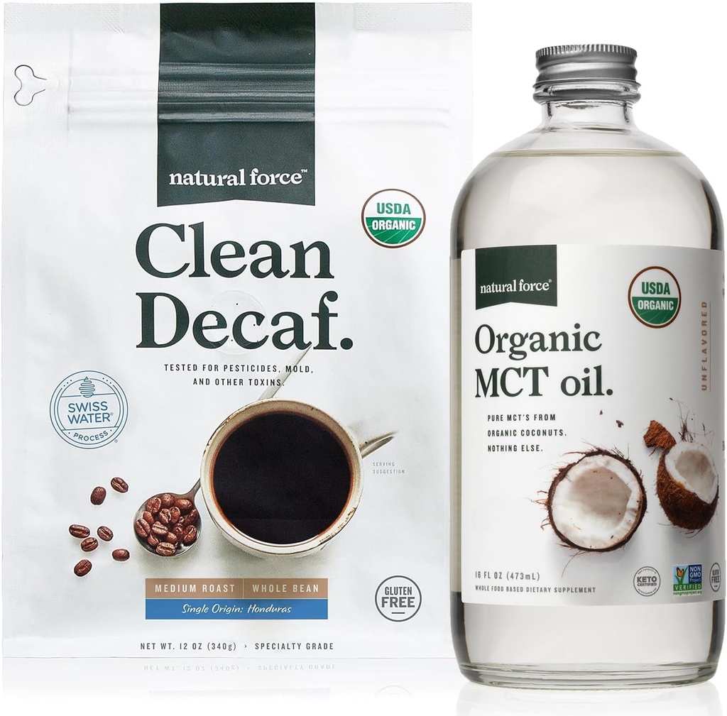 Organic Clean Decaf Coffee & MCT Oil Bundle - Pure Coconut MCTs - Mold & Mycotoxin Free - Non-GMO, Keto, Paleo, Vegan - 12 Oz & 16 Oz