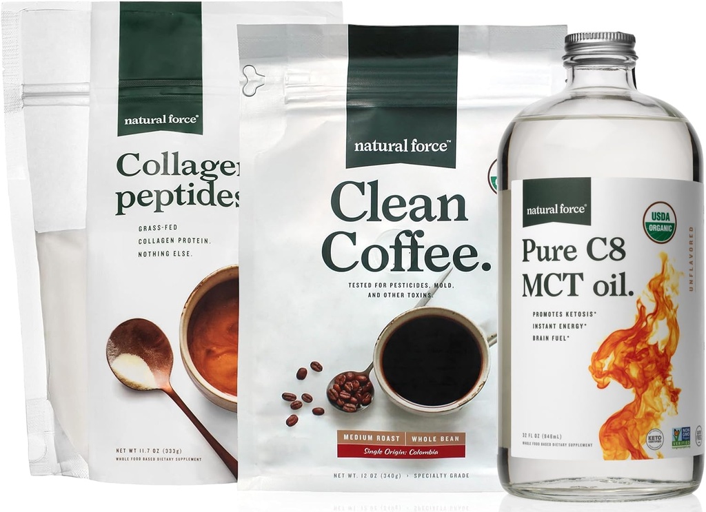 Organic Clean Coffee, Collagen Peptides, and C8 MCT Oil Bundle - Non-GMO, Keto, Paleo - Toxin-Free Coffee with Grass-Fed Collagen - 12 Oz, 11.7 Oz, 32 Oz