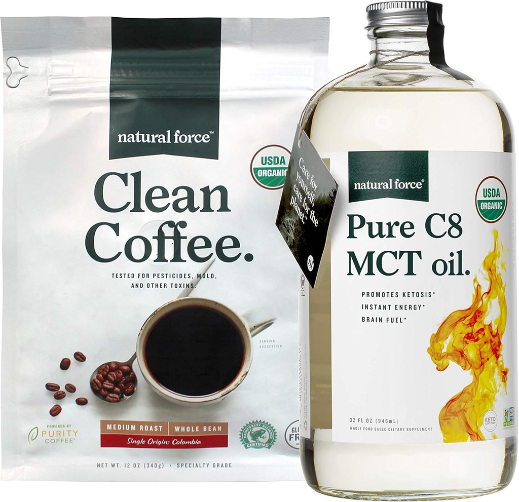 Organic C8 MCT Oil and Clean Coffee Bundle - 100% C8 MCTs, Mold & Mycotoxin Free - Non-GMO, Keto, Paleo, Vegan - 12 Oz Bag, 32 Oz Bottle