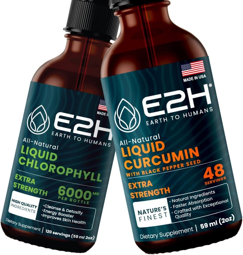 Liquid Chlorophyll & Turmeric Curcumin Bundle - Vegan, Non-GMO - 2 Fl Oz Each - E2H Earth to Humans E2H