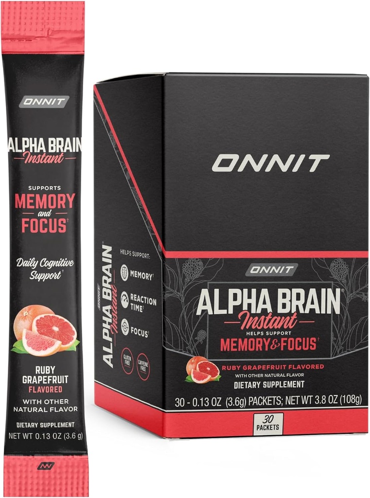 ONNIT Alpha Brain Instant - Ruby Grapefruit Nootropic Memory Supplement - Cognitive Support for Focus, Energy & Clarity - Alpha GPC Choline, Cats Claw, L-Theanine, Bacopa - 30ct