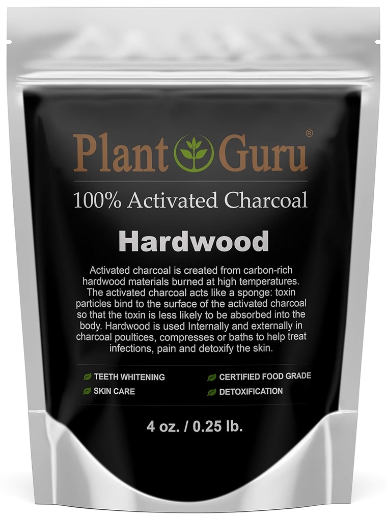 4 oz Plant Guru Activated Charcoal Powder - Hardwood, Food Grade Kosher Non-GMO for Teeth Whitening, Facial Masks, and Soap Making - Natural Detox and Digestive Aid