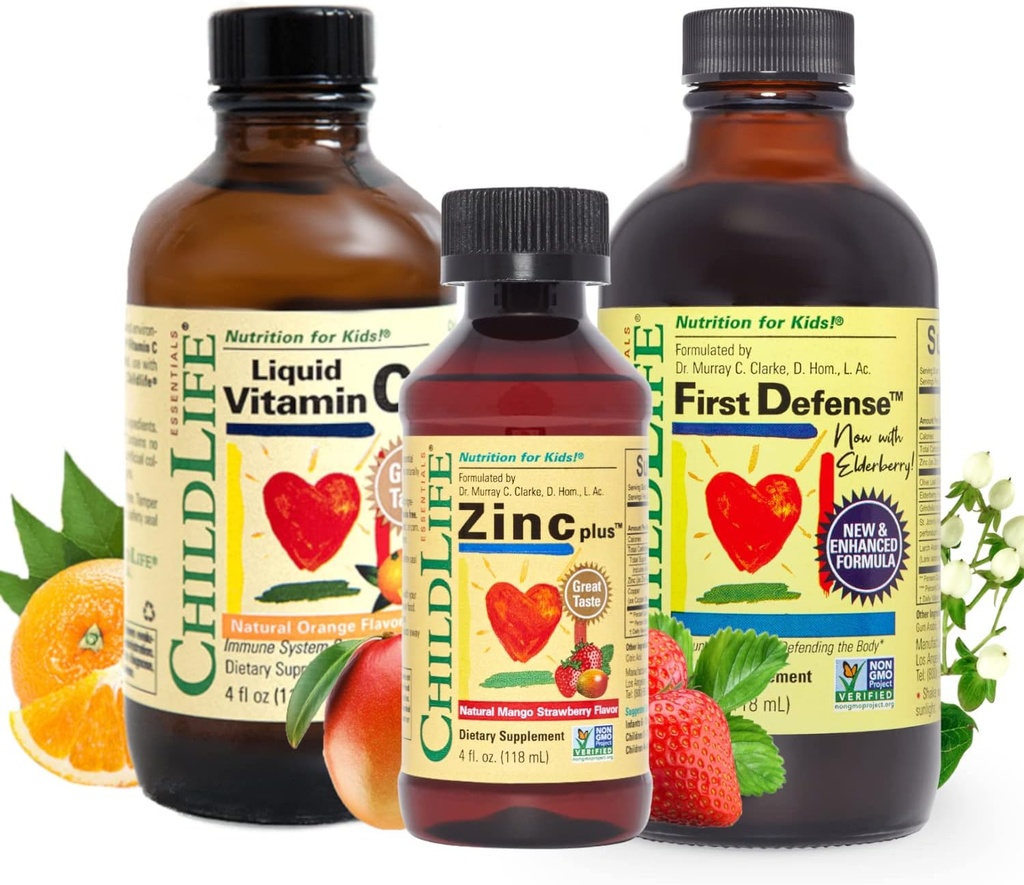 3-Pack ChildLife Essentials Immune Support Bundle - Liquid Vitamin C, First Defense, Zinc - Boosts Immunity for Infants, Toddlers, Kids