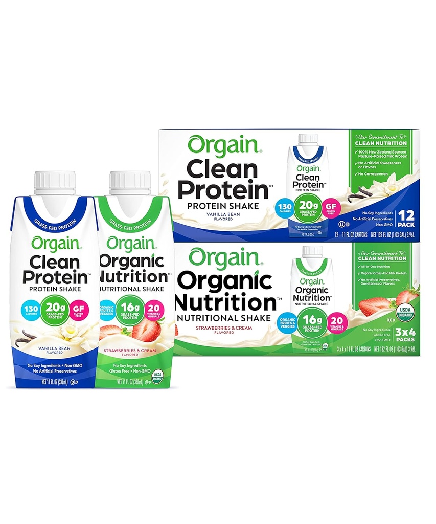 Orgain Protein Shake Variety Pack, Grass-Fed Vanilla Bean & Organic Strawberries & Cream (24 Pack)