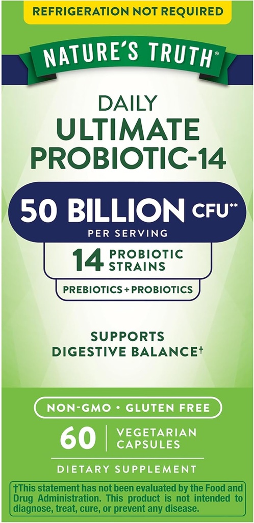 Probiotic 50 Billion CFU with 200mg Prebiotics - 60 Capsules, Vegetarian, Non GMO & Gluten Free - Digestive Health Support for Men and Women