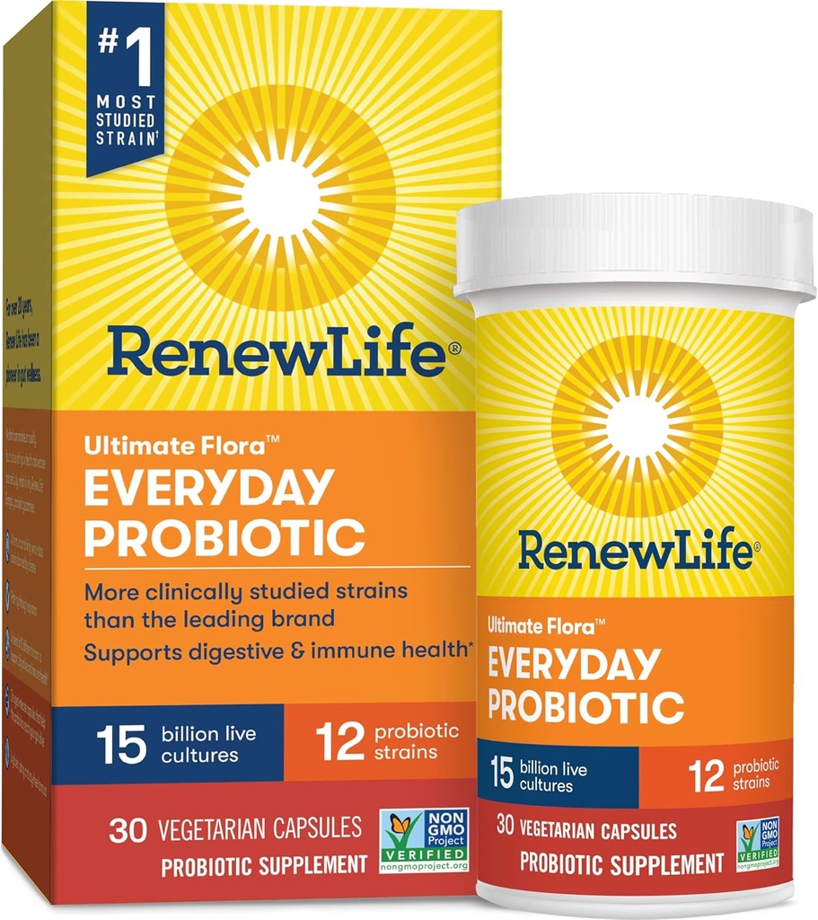 Renew Life Everyday Probiotic Capsules - Supports Urinary, Digestive, and Immune Health - L. Rhamnosus GG - Dairy, Soy, and Gluten-Free - 15 Billion CFU - 30 Count