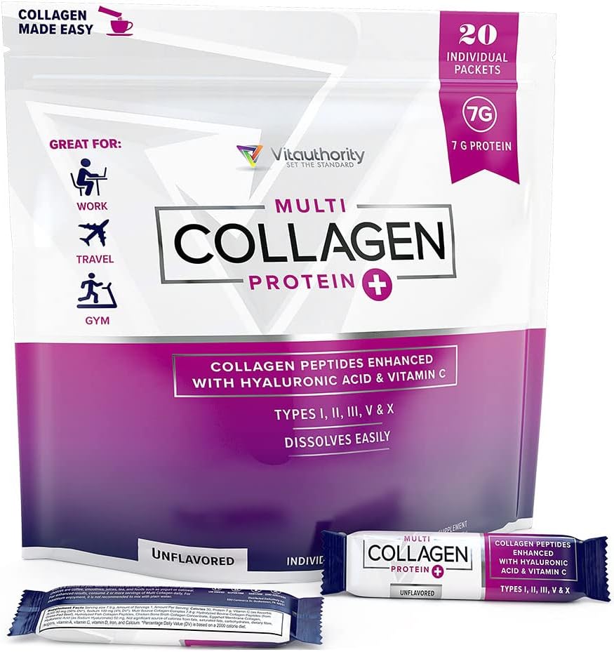 Vitauthority Multi Collagen Peptides with Hyaluronic Acid and Vitamin C - 20 Unflavored Stick Packs, Hydrolyzed Proteins Types I, II, III, V, and X