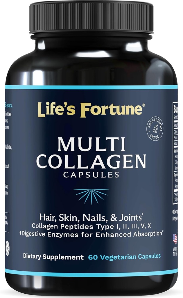 Grass-Fed Collagen Peptides Capsules with Digestive Enzyme - Multi-Type Hydrolyzed Protein for Hair, Skin, Joints & Gut Health