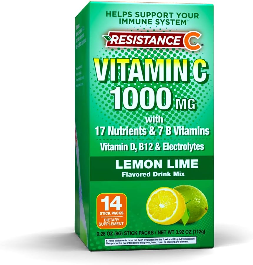 14 Count Resistance C Stick Packs with 16 Nutrients, 7 B-Vitamins, Electrolytes, and Antioxidants for Immune Support - Green Lemon-Lime Flavor