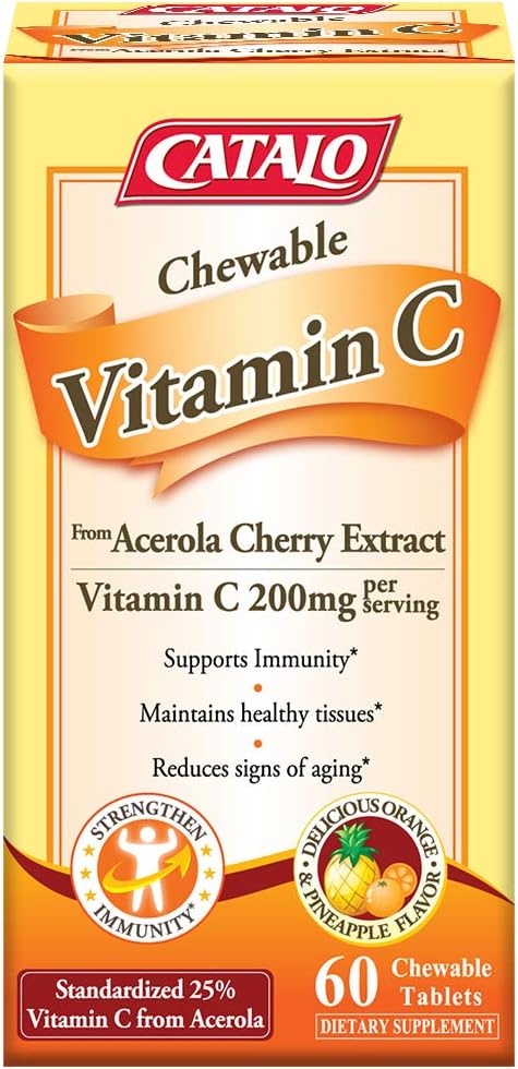 Acerola Cherry Vitamin C Chewable Tablets - 200mg, 60 Tablets, Immune Support, Anti-Aging, Skin Rejuvenation, Allergy Relief, USA Made