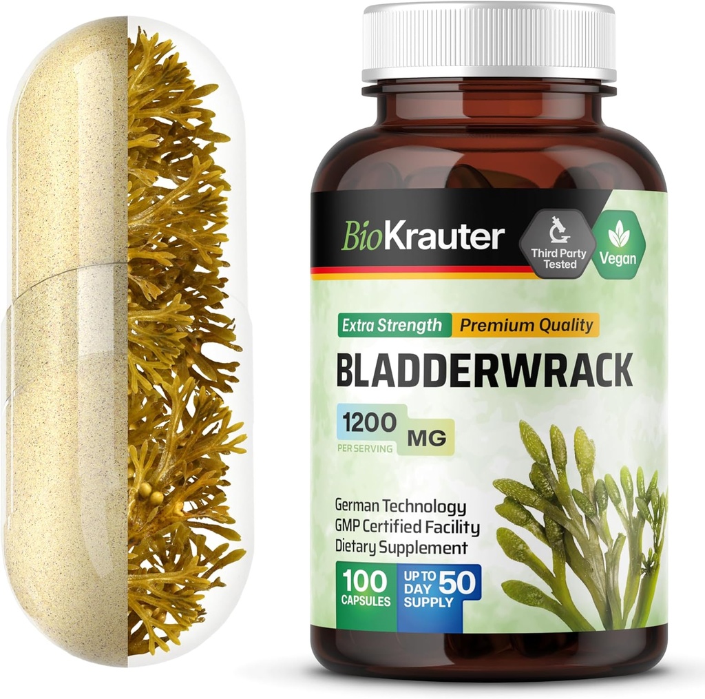Vegan BIO KRAUTER Bladderwrack Capsules 1200mg - 100ct - Natural Marine Source Iodine Supplement