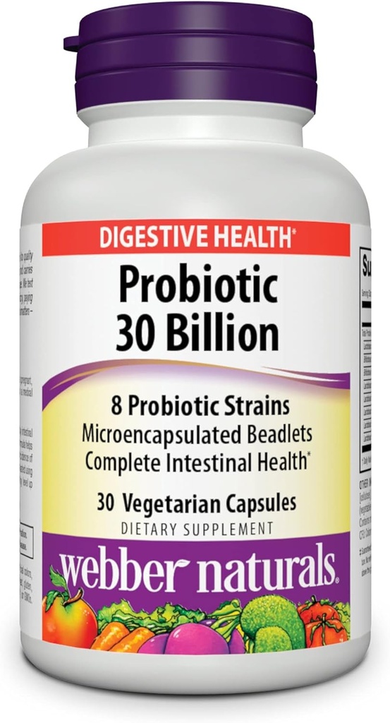 Webber Naturals High Potency Probiotics 30 Billion CFU for Men, Women & Adults - Shelf Stable, 8 Strains, 30 Veg Capsules