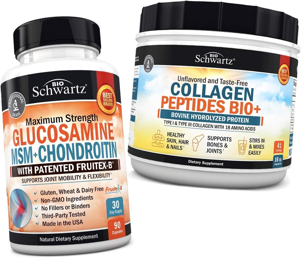 BioSchwartz Collagen Peptides Powder with Glucosamine, Chondroitin, and MSM - Bone & Joint Support Supplement for Flexibility and Cartilage Health