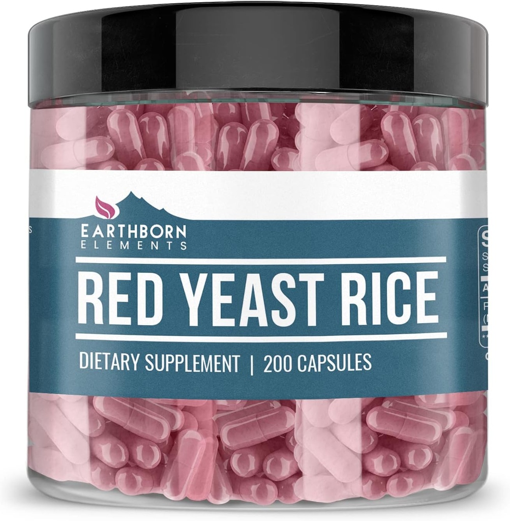 200 Pure & Undiluted Red Yeast Rice Capsules by Earthborn Elements - No Additives