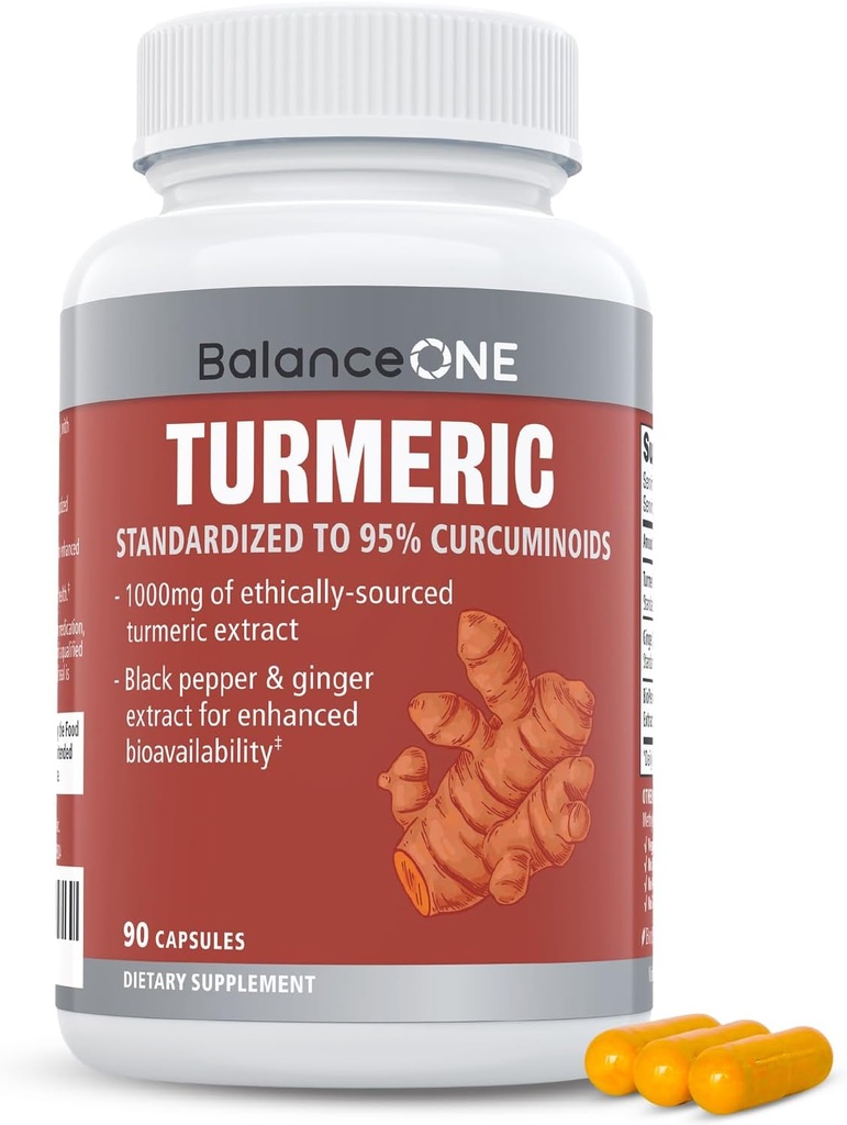 High Potency Turmeric Curcumin Supplement with Ginger Extract and BioPerine - 1000mg, 95% Curcuminoids - Joint & Immune Support - 30 Day Supply