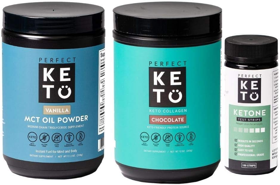 Keto Fat-Burning Bundle: Chocolate Collagen, 100 Ketone Test Strips, Vanilla MCT Oil Powder | Energy Support | 30 Day Supply