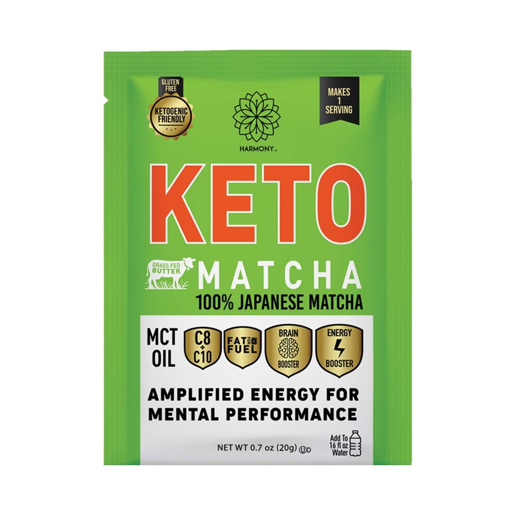 Harmony Proteins Keto Matcha: Pure Japanese Matcha for Energy and Focus, Instant Drink Mix with 68mg Caffeine, 12 Packets