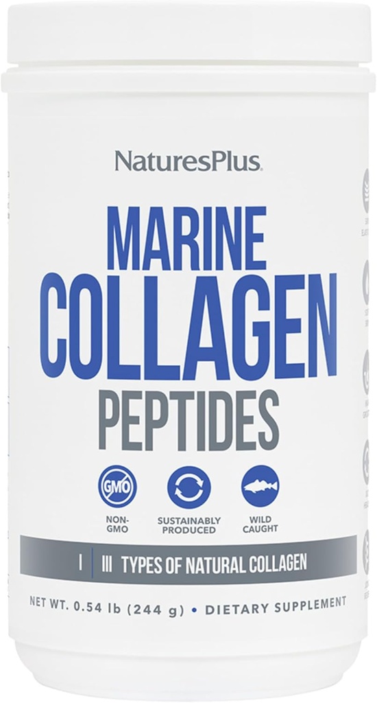Natures Plus Marine Collagen Peptides Powder for Hair, Skin, Nails & Joints - Unflavored, Gluten Free, Non-GMO - 20 Servings