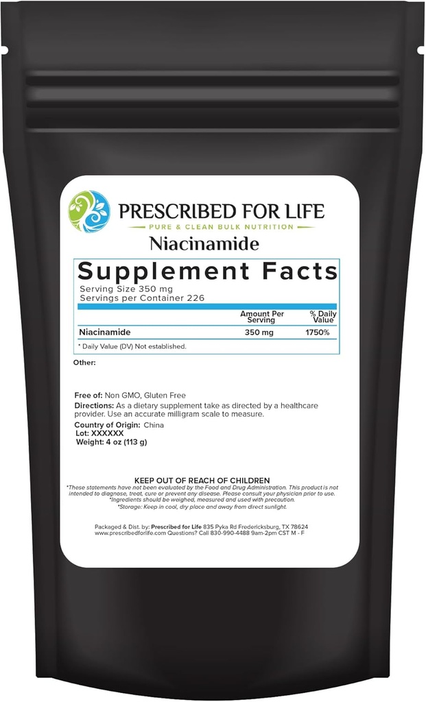 Pure Niacinamide Powder (Vitamin B3), Fine Granular USP Grade Supplement - Gluten Free, Non GMO, Vegan - 4oz / 113g