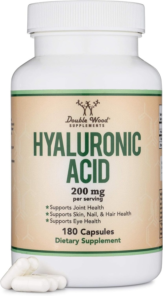 Double Wood Hyaluronic Acid Capsules - 180 Count (200mg Per Serving) for Skin and Face Aging Support - Gluten Free Supplement by Double Wood